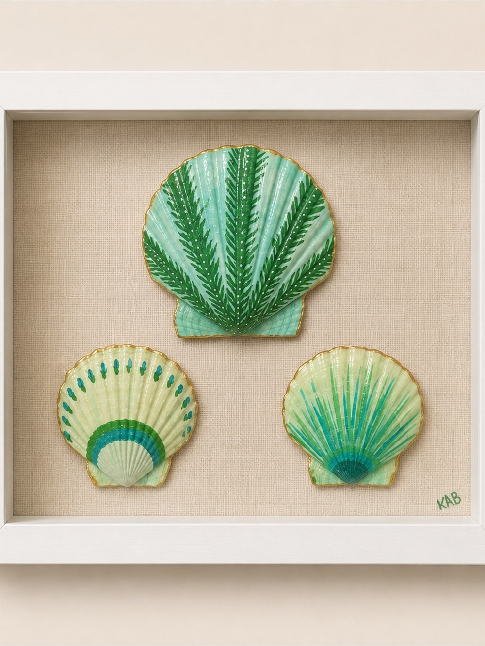 9x9 Shadow box Framed Green Sea Shell Wall Art - Trio